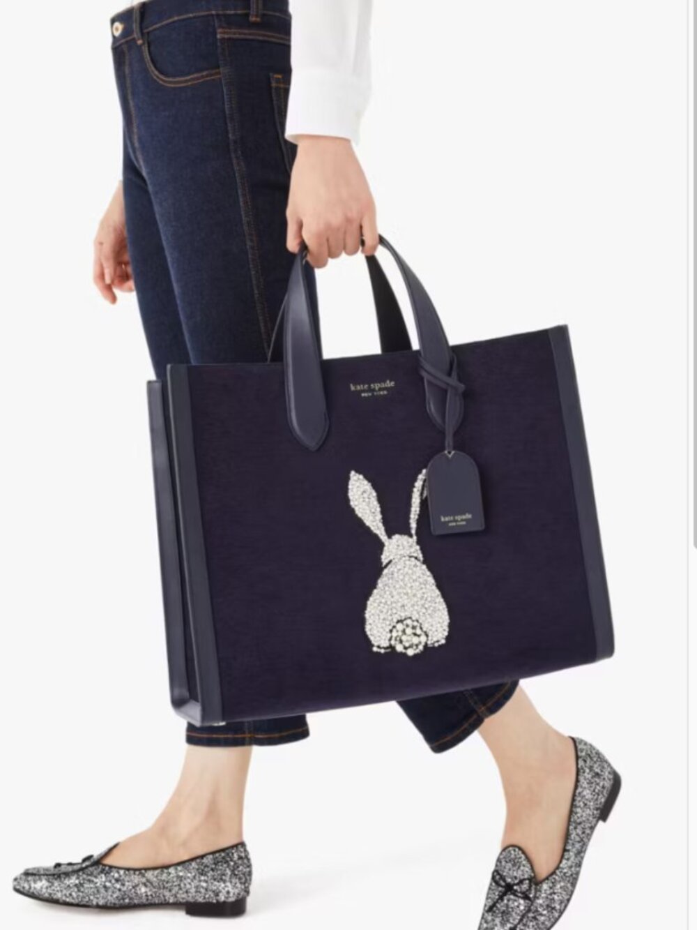 Kate Spade Navy Blue Pearl Embellished Manhattan Bunny Large Structured Tote